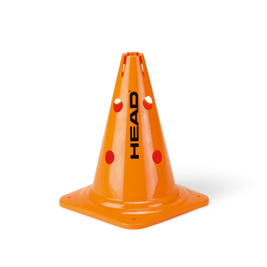 The HEAD Big Training Cones, produced by the brand HEAD, are orange traffic cones featuring red circular holes and the word "HEAD" printed vertically on their sides. They are perfect for creative coaching sessions or running exercises, providing a flat base for stability and ensuring enhanced visibility and safety.