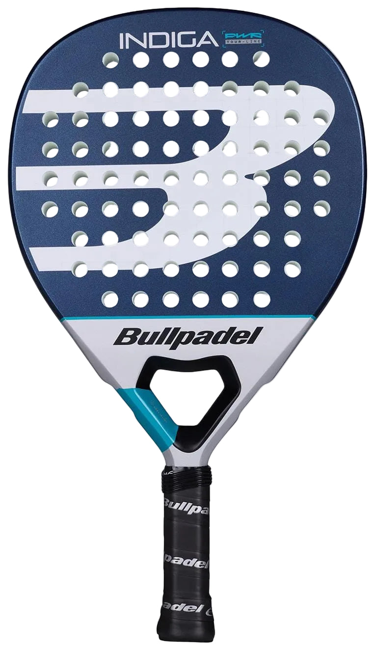 The Bullpadel Indiga Pwr 2026 Padel Racket is a blue and white racket designed by Bullpadel for powerful performance on the court.
