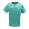 The Yonex YTM8 Men's Padel T-Shirt in Mint/Navy features abstract patterns, a small black logo on the upper left chest, and dark trims around the V-neck collar and short sleeves. Made from moisture-wicking polyester for comfort.