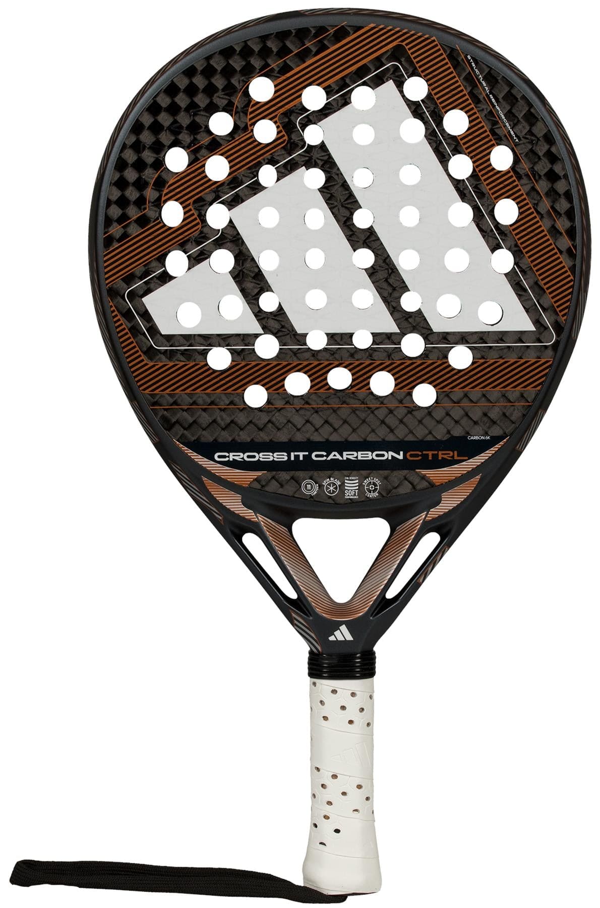 The adidas Cross It Carbon Ctrl 2026 Padel Racket - Black features a black and brown carbon fiber design with white holes, white grip, wrist strap, geometric accents, and “CROSS IT CARBON CTRL” on its face.