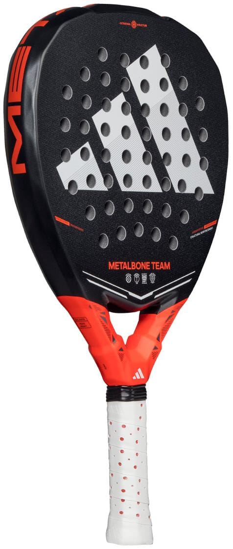 The ADIDAS Metalbone Team 2026 Padel Racket in black and red by adidas features a white grip, Spin Blade Gritt for control, large logo, "METALBONE TEAM" text, round holes, and a modern look—ideal for advanced players.
