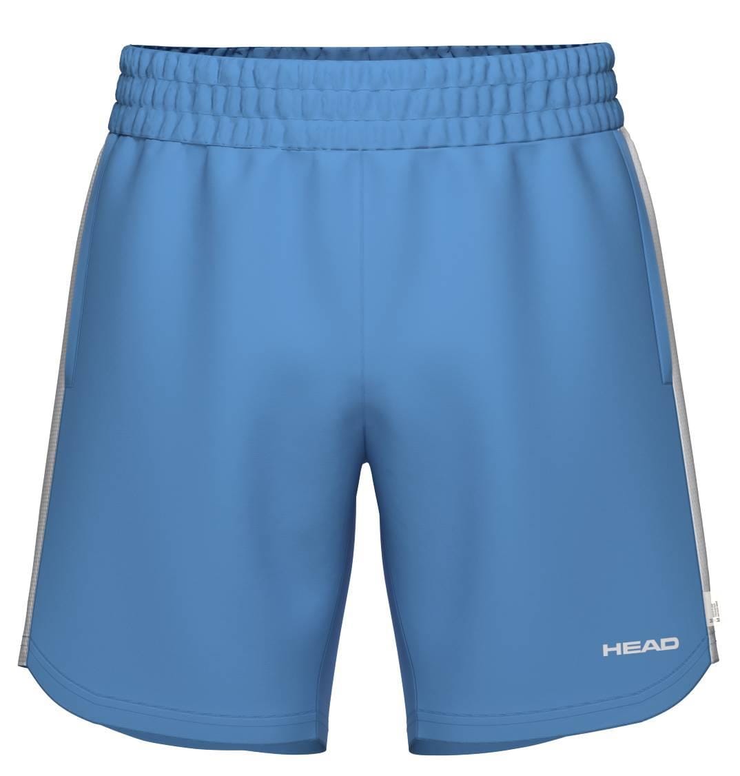 The HEAD Power Men's Padel Shorts in Airforce Blue/White feature an elastic waistband, white side panels, and “HEAD” on the lower right leg. Crafted from smooth, moisture-wicking fabric for sporty comfort all day.