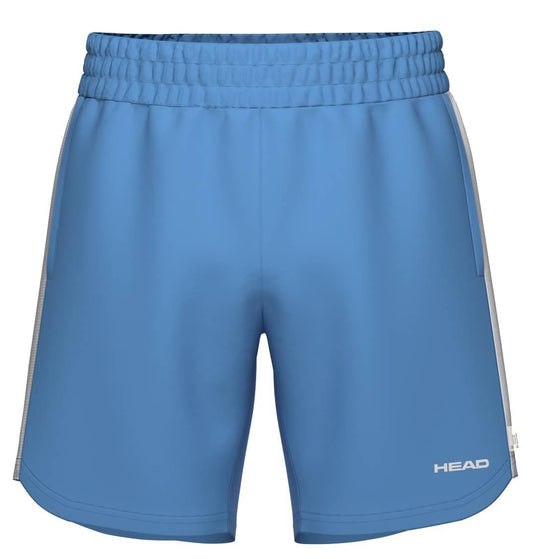 The HEAD Power Men's Padel Shorts in Airforce Blue/White feature an elastic waistband, white side panels, and “HEAD” on the lower right leg. Crafted from smooth, moisture-wicking fabric for sporty comfort all day.