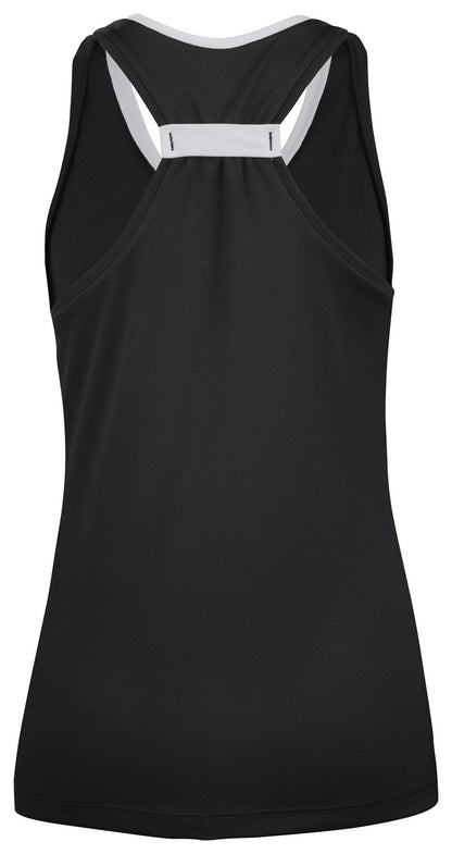 The Babolat Play Women's Padel Tank Top in black features a simple racerback design with white accents, crafted from Fiber Dry-polyester for a smooth and slightly stretchy feel, ideal for an active lifestyle.