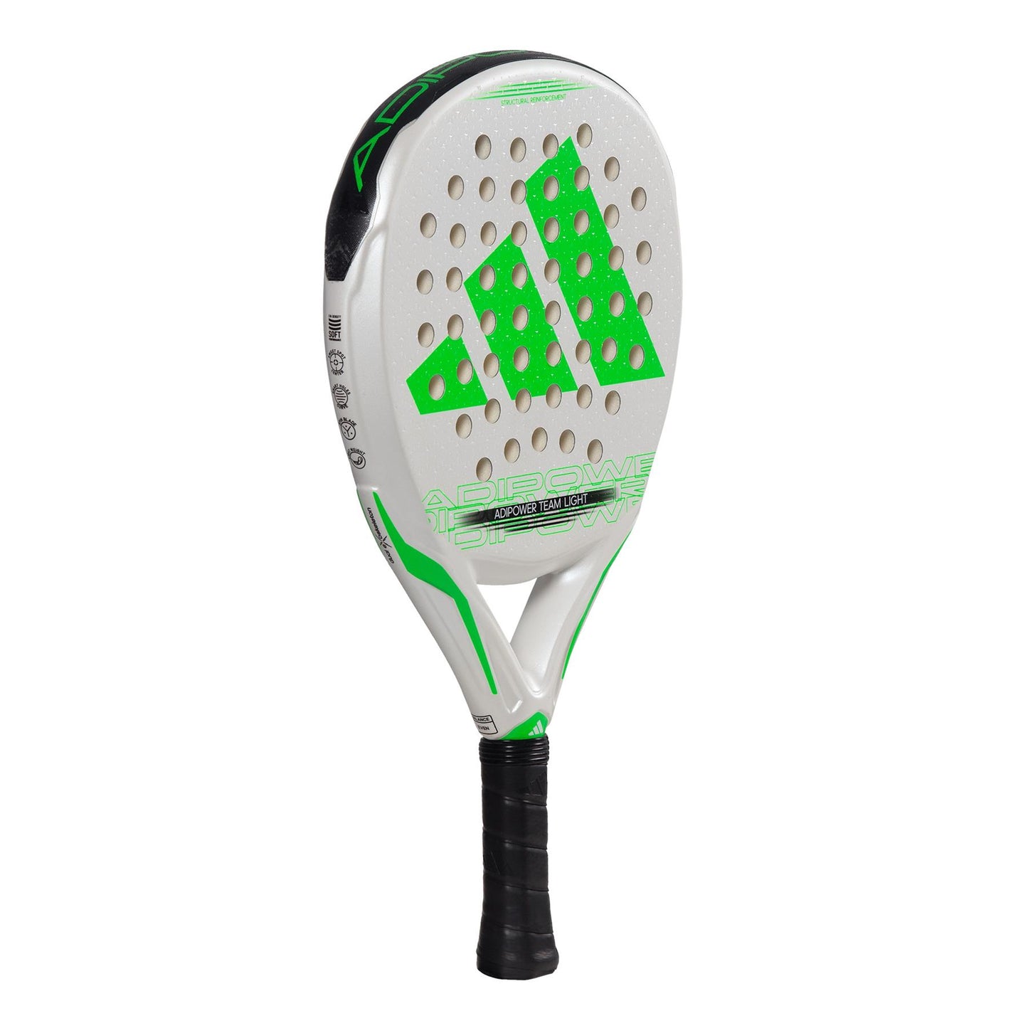 The ADIDAS Adipower Team Light 3.3 Padel Racket, in a vibrant white and green color scheme, is ideal for intermediate players. It showcases three large perforated green triangles on the face and has a black handle grip. The name "adidas" is prominently displayed on the neck of the racket.