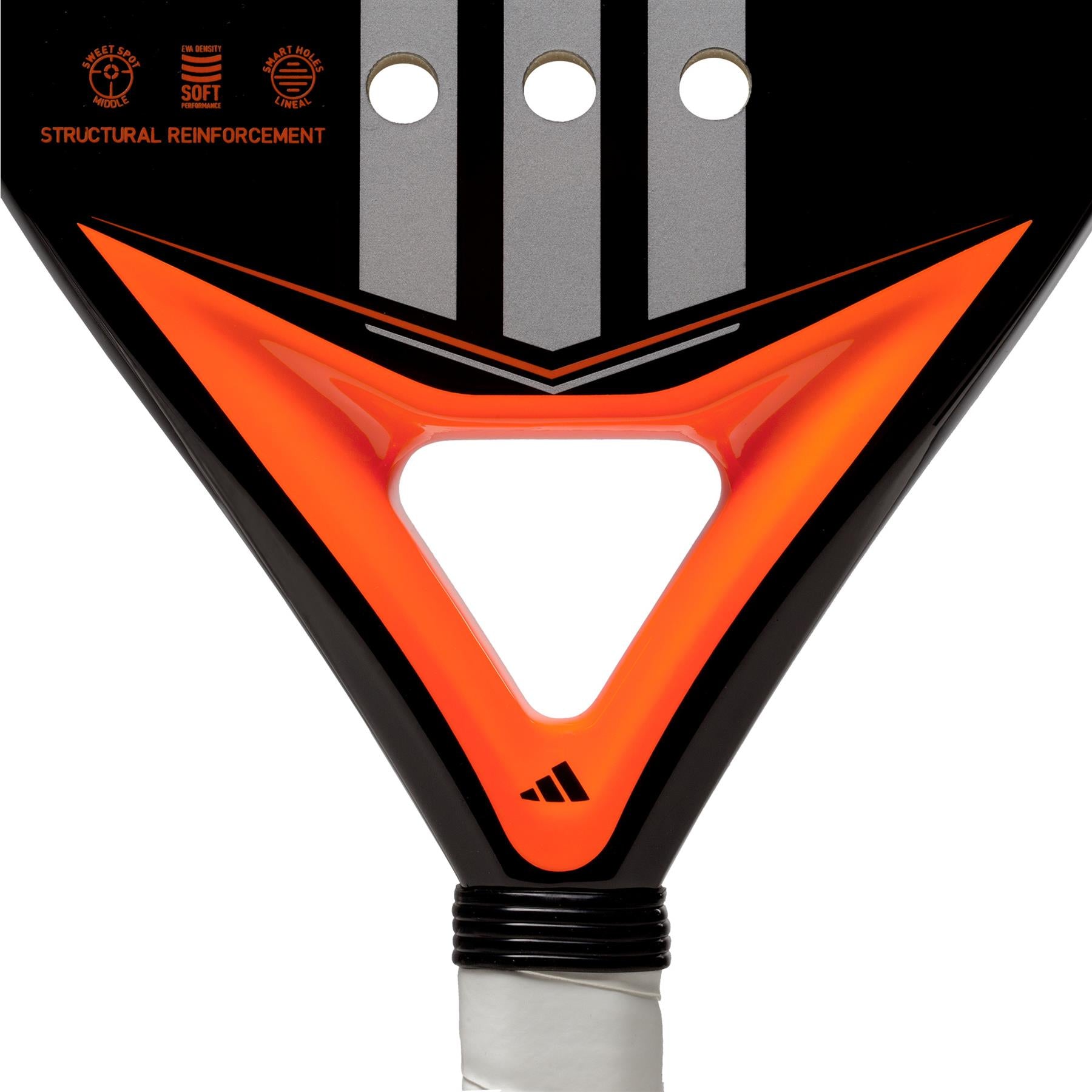 The adidas Match Black 3.4 Padel Racket features a black and orange hybrid head design with a triangular cutout, three circular holes, and a white handle with black grip. Its EVA Soft Performance foam offers structural reinforcement and optimal softness.