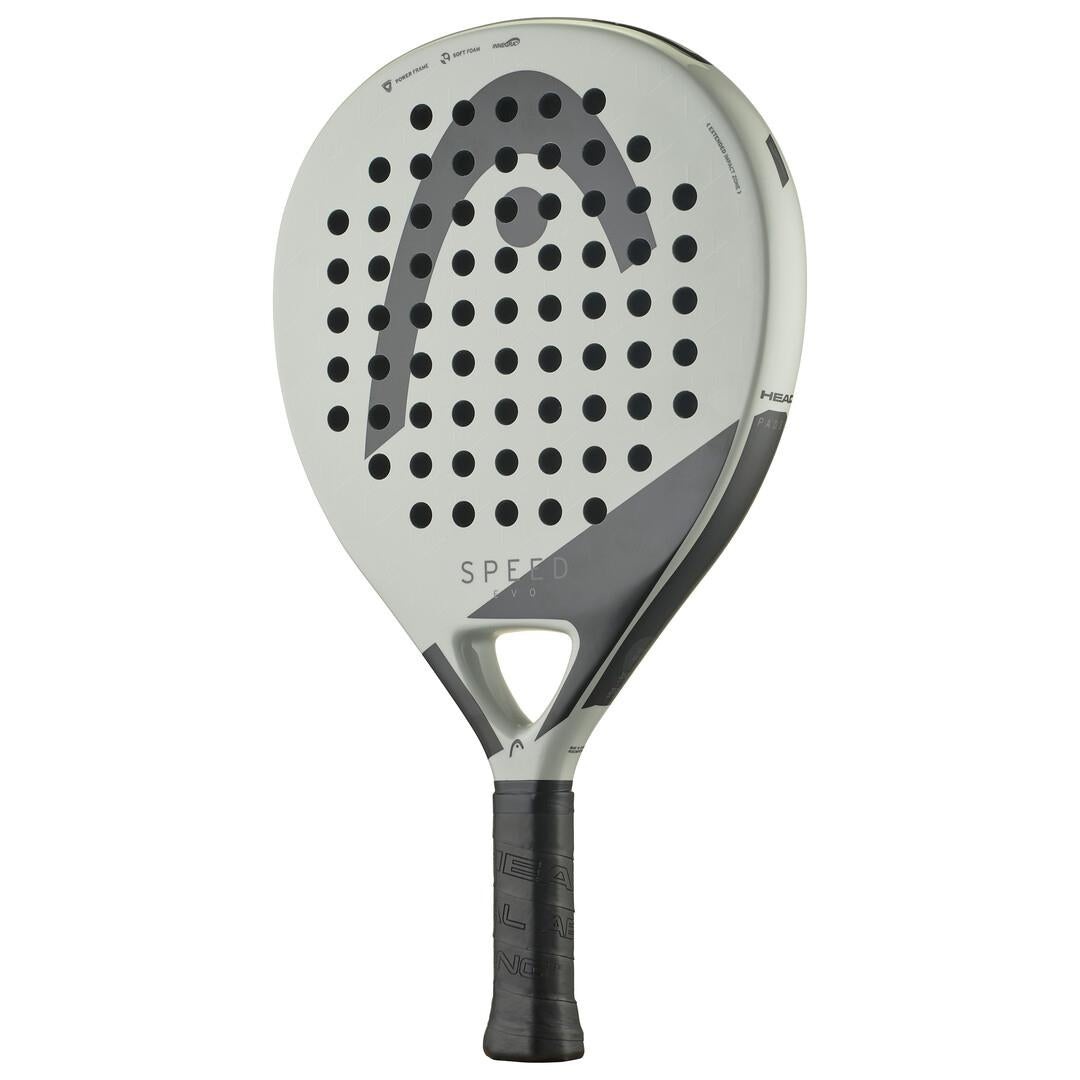 The HEAD EVO Speed 2025 Padel Racket - Grey features a sleek design with bold "SPEED" markings. Enhanced by Innegra technology, it includes soft foam for better control. The black grip, subtle branding, numerous perforations, and distinctive top logo complete the stylish look.