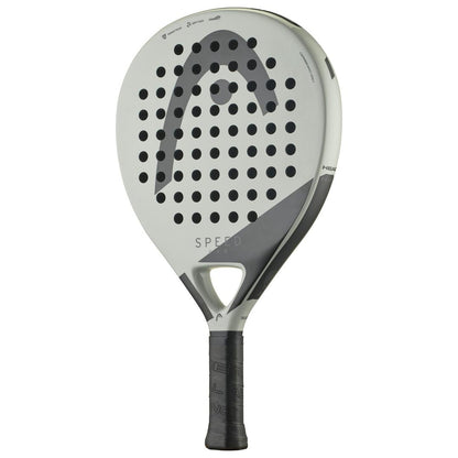 The HEAD EVO Speed 2025 Padel Racket - Grey features a sleek design with bold "SPEED" markings. Enhanced by Innegra technology, it includes soft foam for better control. The black grip, subtle branding, numerous perforations, and distinctive top logo complete the stylish look.