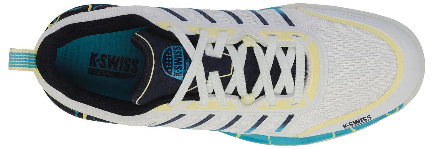 Top view of the K-Swiss Ultra Court Men’s Padel Shoe in Bit Of Blue/Sanyo Navy/Sanyo Blue, featuring a white mesh upper, striped side accents, and blue K-Swiss logos on the tongue and toe for high-performance support.