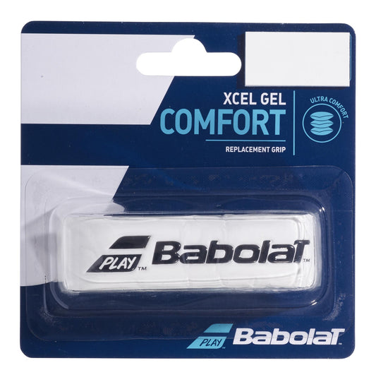 The Babolat XCEL Gel X1 Replacement Padel Grip packaging features a sleek blue and white design, prominently displaying "Ultra Comfort" to emphasize maximum comfort. The white grip is adorned with the iconic Babolat logo, offering both a stylish and functional enhancement for your tennis racquet.