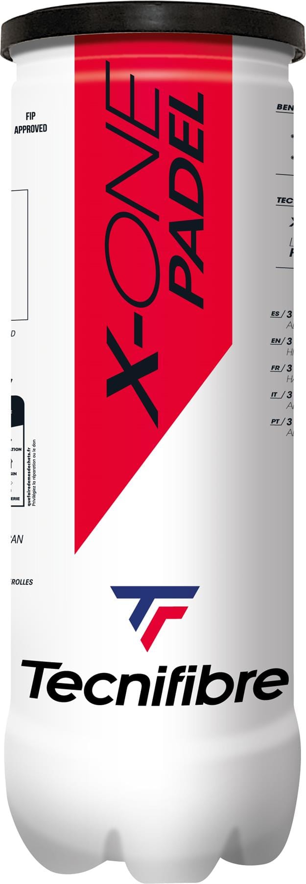 The Tecnifibre X-One Padel Balls - 3 Ball Tube features a white can with red and black graphics and the Tecnifibre logo, ideal for competitive padel play.