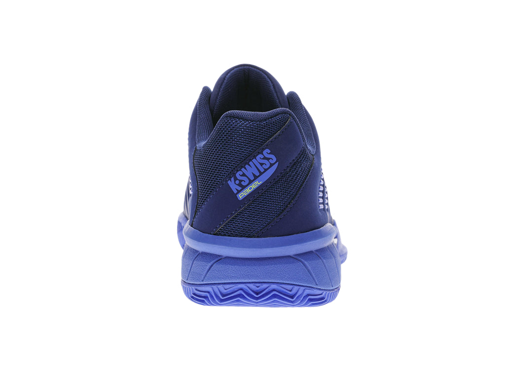 Here's a revised version of the sentence using the provided product data:

"Rear view of the K-Swiss Express Light 3 HB Men's Padel Shoes in Dazzling Blue, Estate Blue, and Evening Primrose, crafted for Indoor Court Performance. These shoes feature a mesh texture, incorporate DuraWrap Flex technology, have a slightly raised heel, boast a patterned outsole, and display the K-Swiss logo on the heel tab.