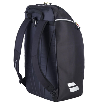 The Babolat RH Perf Padel 2nd Gen Backpack in black/silver features padded shoulder straps, a top zipper, and a small white logo on the lower side. Pictured from a rear angle on a white background.