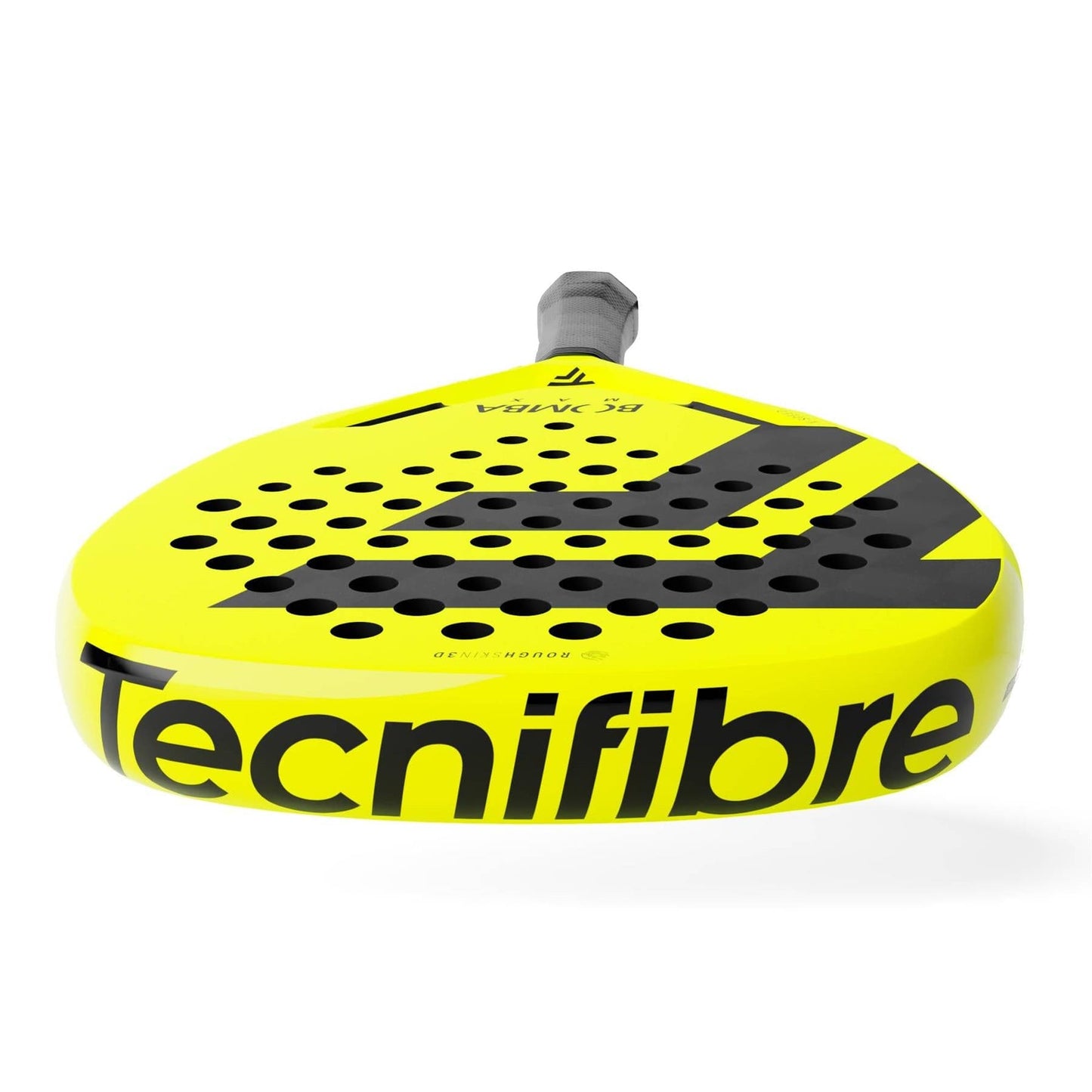 The Tecnifibre Bomba Max Padel Racket, in bright yellow and black with a perforated face and bold branding, is designed by Tecnifibre for explosive power and is shown on a white background.