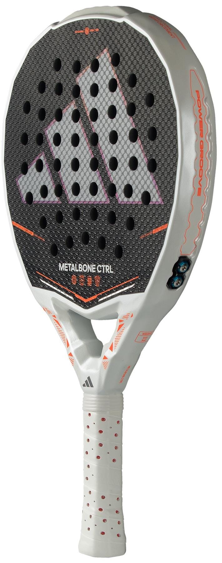 The adidas ADIDAS Metalbone Ctrl 2026 Padel Racket - Black features orange accents, a textured round head, perforated handle grip, and an adjustable weight system for personalized play.