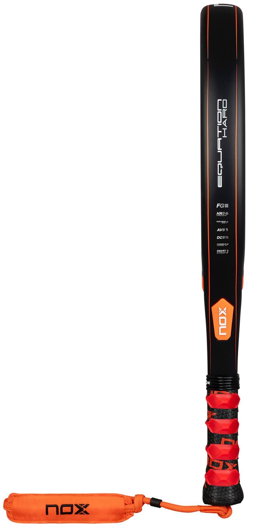 The NOX Equation Hard Advanced 2026 Padel Racket features a black and orange design, "NOX" on the grip, an orange wrist strap, and "Equation Hard" on the face. It includes an anti-vibration system for enhanced comfort.