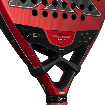 Close-up of the NOX Luxury EA10 Ventus Hybrid 12K XTREM By Edu Alonso 2026 Padel Racket, highlighting its red and black design, textured carbon 12K surface, NOX branding, model details, and Edu Alonso’s signature.