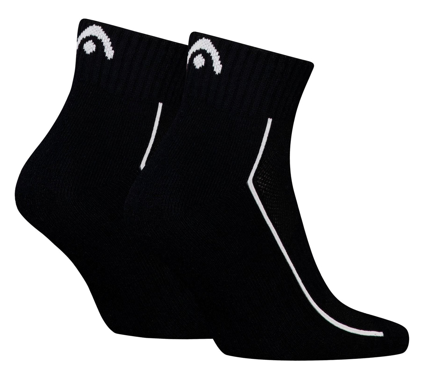 The HEAD Performance Quarter Padel Socks - Black (2 Pack) feature white curved side stripes, a small white HEAD logo near the cuff, and cushioned soles for enhanced comfort during play.