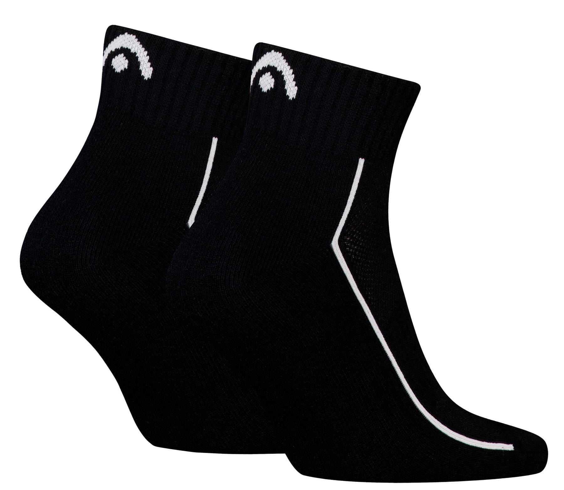 The HEAD Performance Quarter Padel Socks - Black (2 Pack) feature white curved side stripes, a small white HEAD logo near the cuff, and cushioned soles for enhanced comfort during play.