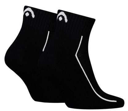 The HEAD Performance Quarter Padel Socks - Black (2 Pack) feature white curved side stripes, a small white HEAD logo near the cuff, and cushioned soles for enhanced comfort during play.