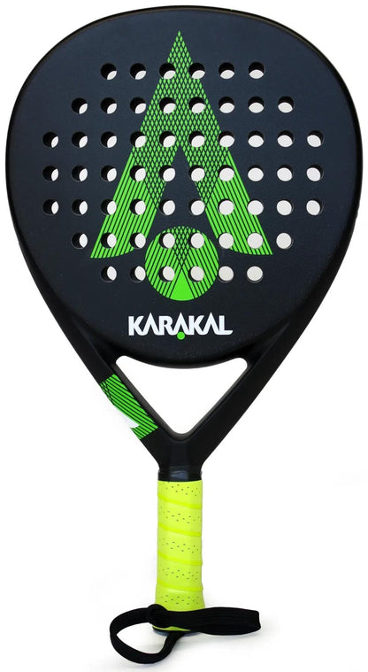 The Karakal Air Lite 345 Green Padel Racket features green accents, a perforated face, yellow grip with wrist strap, and “Karakal” in white on the front. Lightweight design by Karakal.