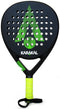 The Karakal Air Lite 345 Green Padel Racket features green accents, a perforated face, yellow grip with wrist strap, and “Karakal” in white on the front. Lightweight design by Karakal.