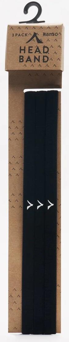 A minimalist set of three Kanso Headbands in black, displayed on brown cardboard with a hanger, features the brand's name and arrow pattern. This sleek design keeps hair distractions at bay, enhancing focus.