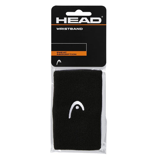 The packaging highlights the HEAD 5" Padel Wristband in black, which is renowned for its superior sweat absorption and elasticity, visible through a transparent plastic cover. The HEAD brand logo is prominently featured on both the wristband and the package.