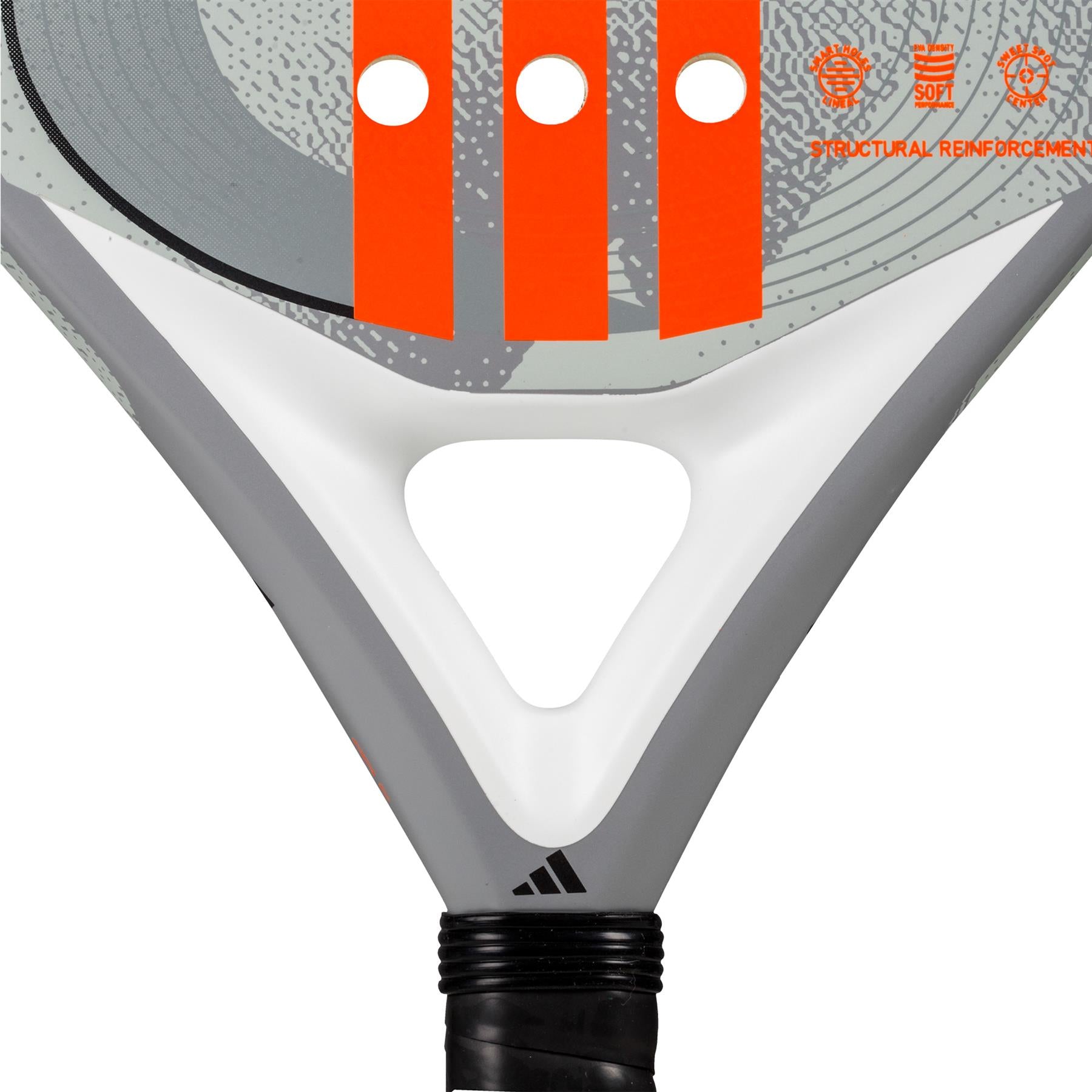 Close-up of the ADIDAS Drive Grey 3.4 Padel Racket, designed for beginners, showcasing a comfortable white and gray surface with bold orange stripes and circular holes. The top right features adidas logos and text on structural reinforcement.