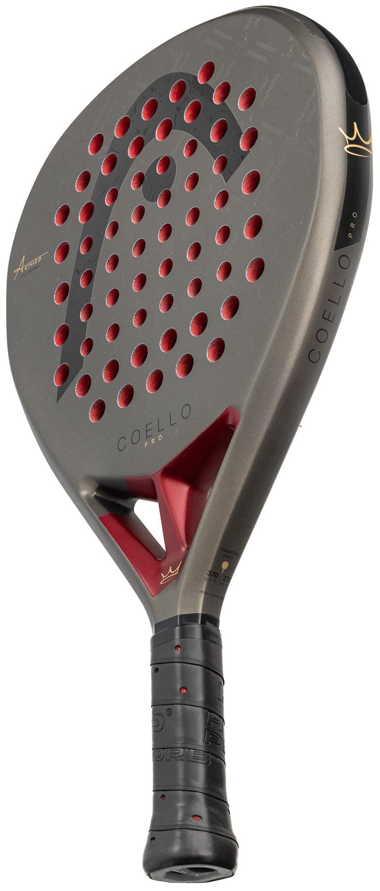 The HEAD Coello Pro 2026 Padel Racket features a black and red design, carbon hybrid hitting surface, perforated face, “COELLO PRO” side text, and a textured grip handle, shown against a white background.
