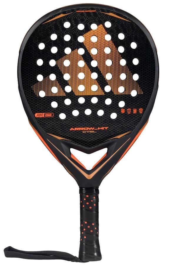 The adidas Arrow Hit CTRL 2026 Padel Racket features a black and orange design, textured surface with circular holes, large central logo, orange dotted grip, black wrist strap, and smart balance system for improved performance.
