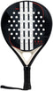 The ADIDAS Drive Black 3.4 Padel Racket by adidas features a black design with a round head, white stripes, and circular holes. Made from fiberglass, it includes black grip tape and a wrist strap for beginner-friendly control.