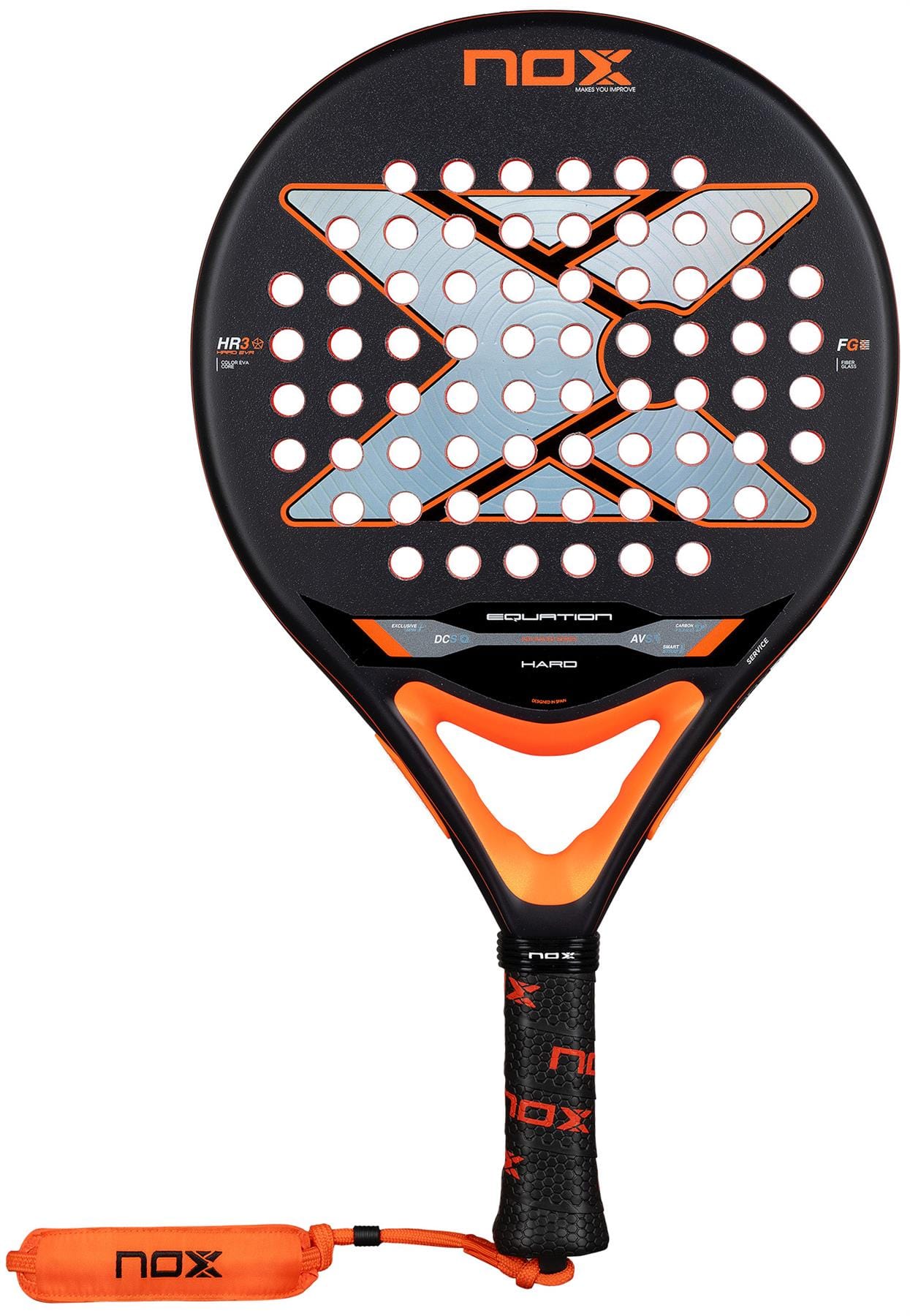 The NOX Equation Hard Advanced 2026 Padel Racket features a striking black and orange design, a large silver “X” on the face, multiple circular holes, an anti-vibration system, and an orange grip with a matching wrist strap.