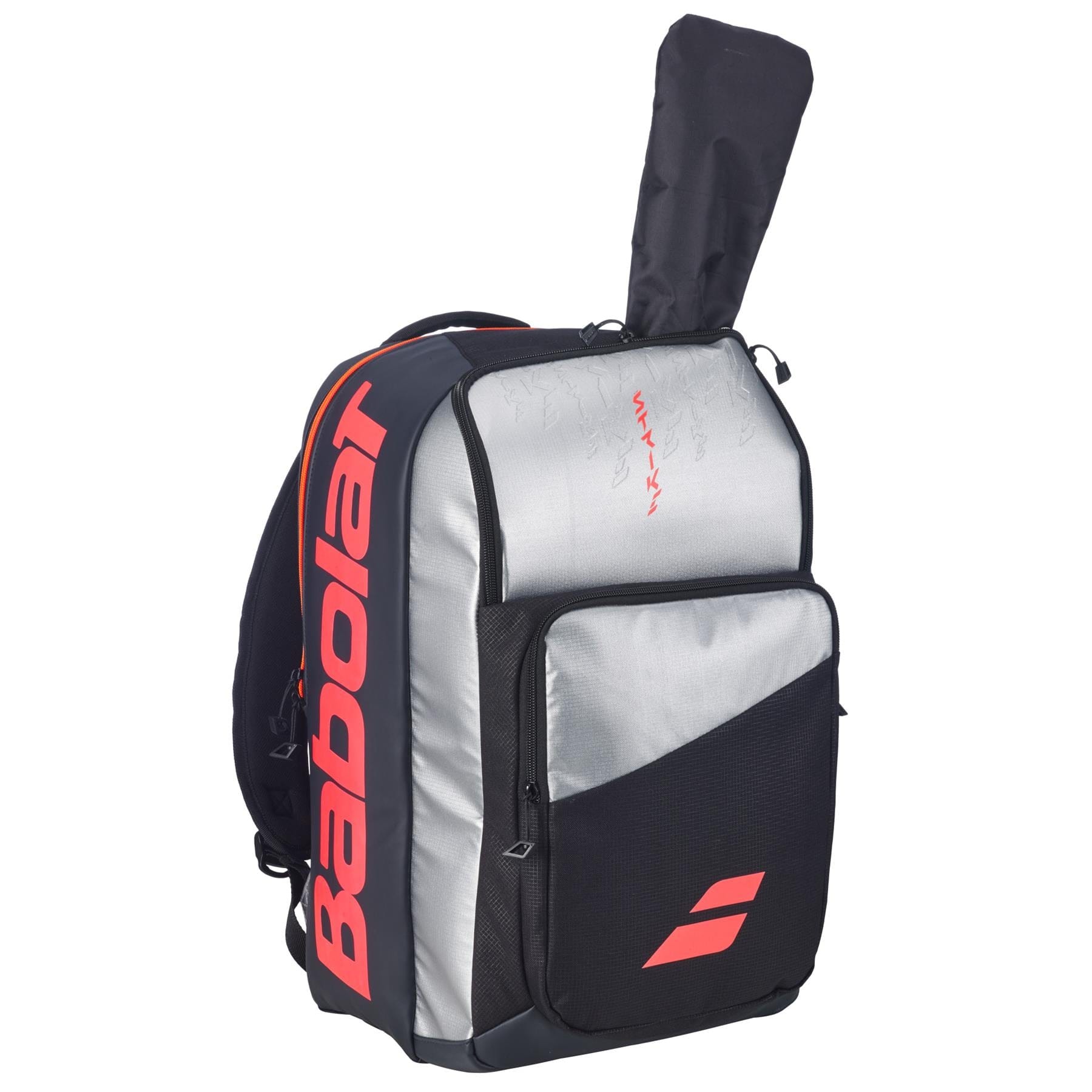 The Babolat Pure Strike Tennis Backpack – Carbon Grey features a large red logo, multiple compartments, and a top sleeve with a tennis racket partially visible.