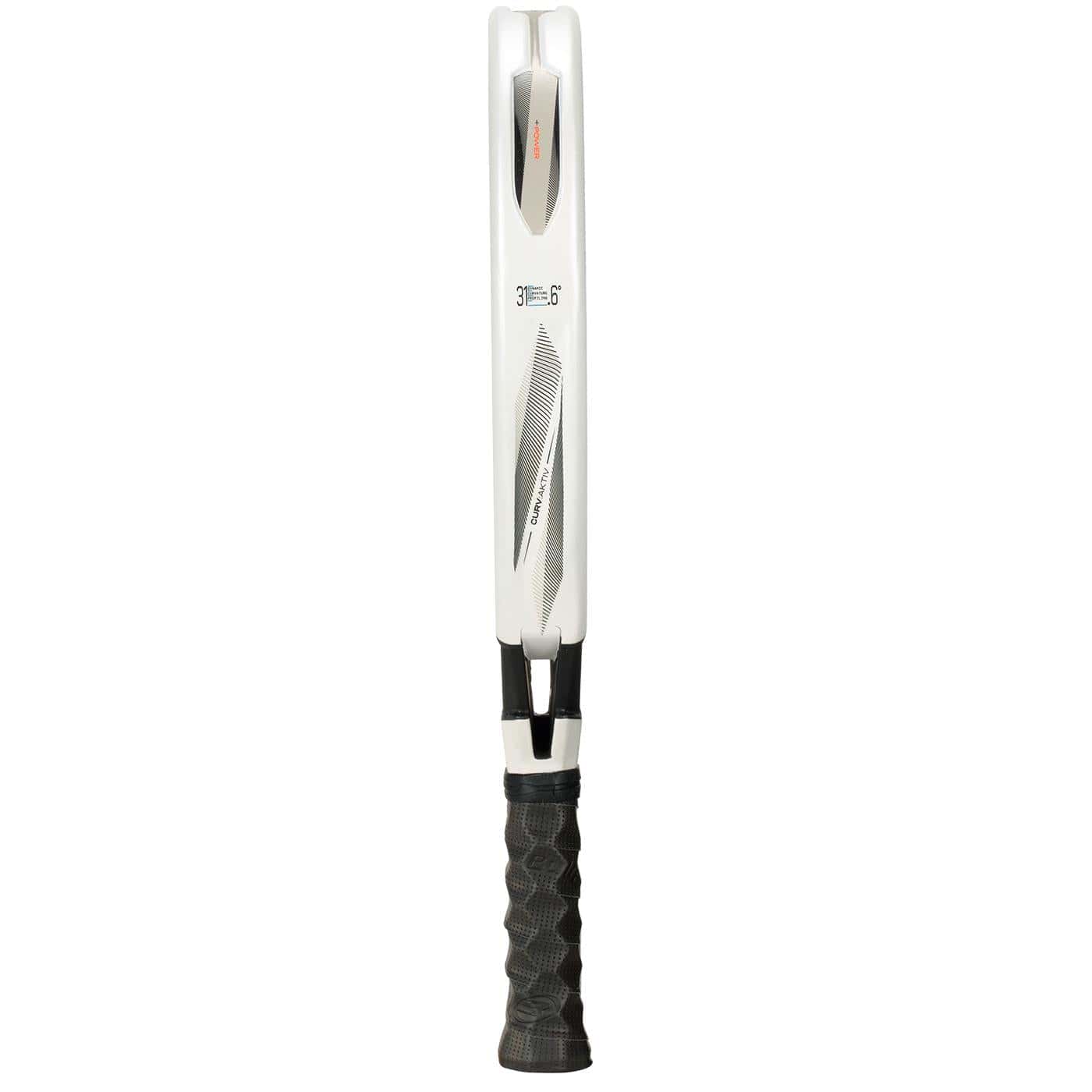 A side view of the Bullpadel Vertex 05 2026 Padel Racket shows a black textured handle and a white blade with black and gray accents, capturing the sleek, high-performance style of Bullpadel.