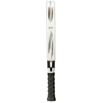 A side view of the Bullpadel Vertex 05 2026 Padel Racket shows a black textured handle and a white blade with black and gray accents, capturing the sleek, high-performance style of Bullpadel.