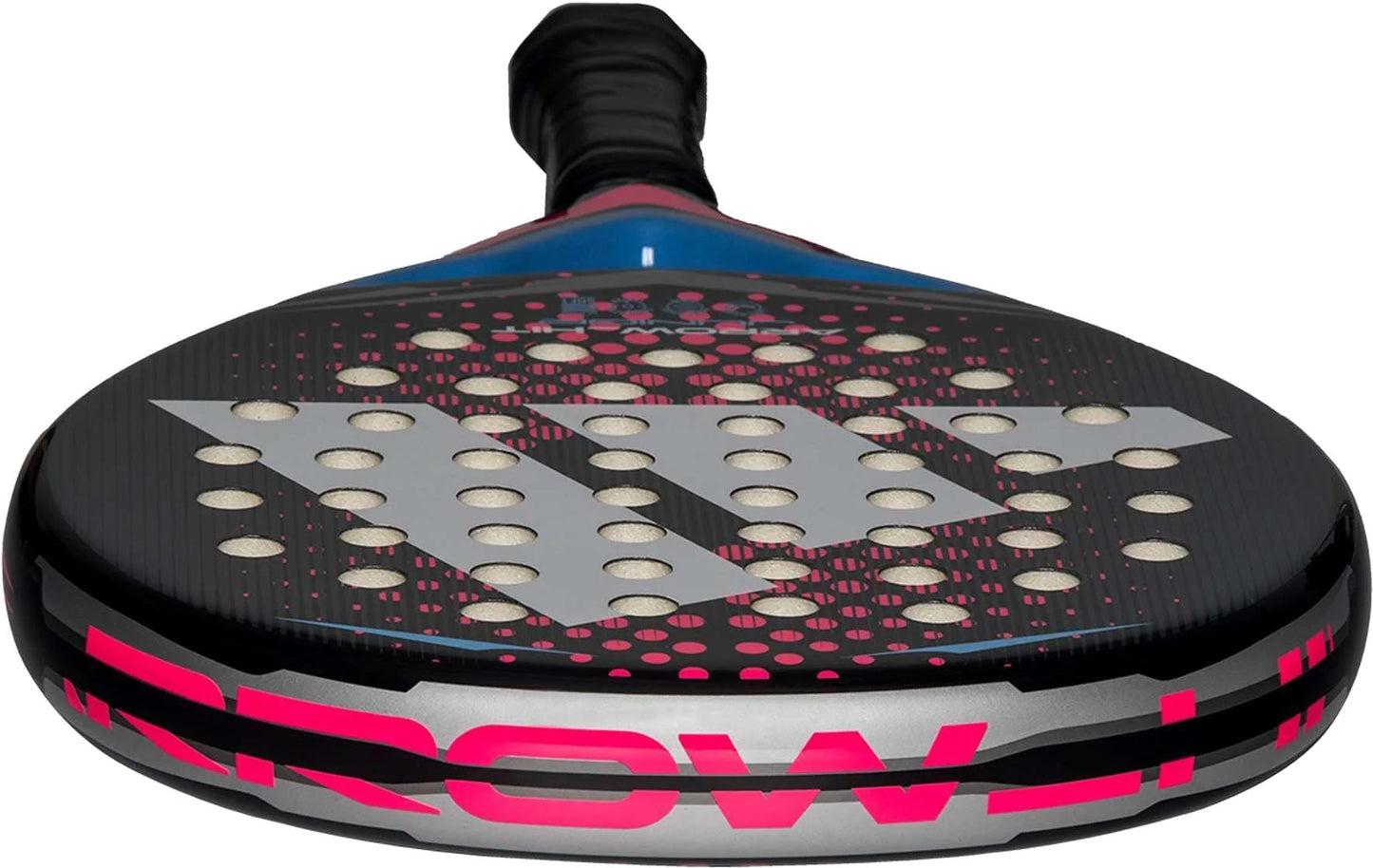 Close-up of the adidas ADIDAS Arrow Hit Junior White / Pink Padel Racket, featuring a black surface with large white dots, bold pink and silver geometric patterns, and a black handle.