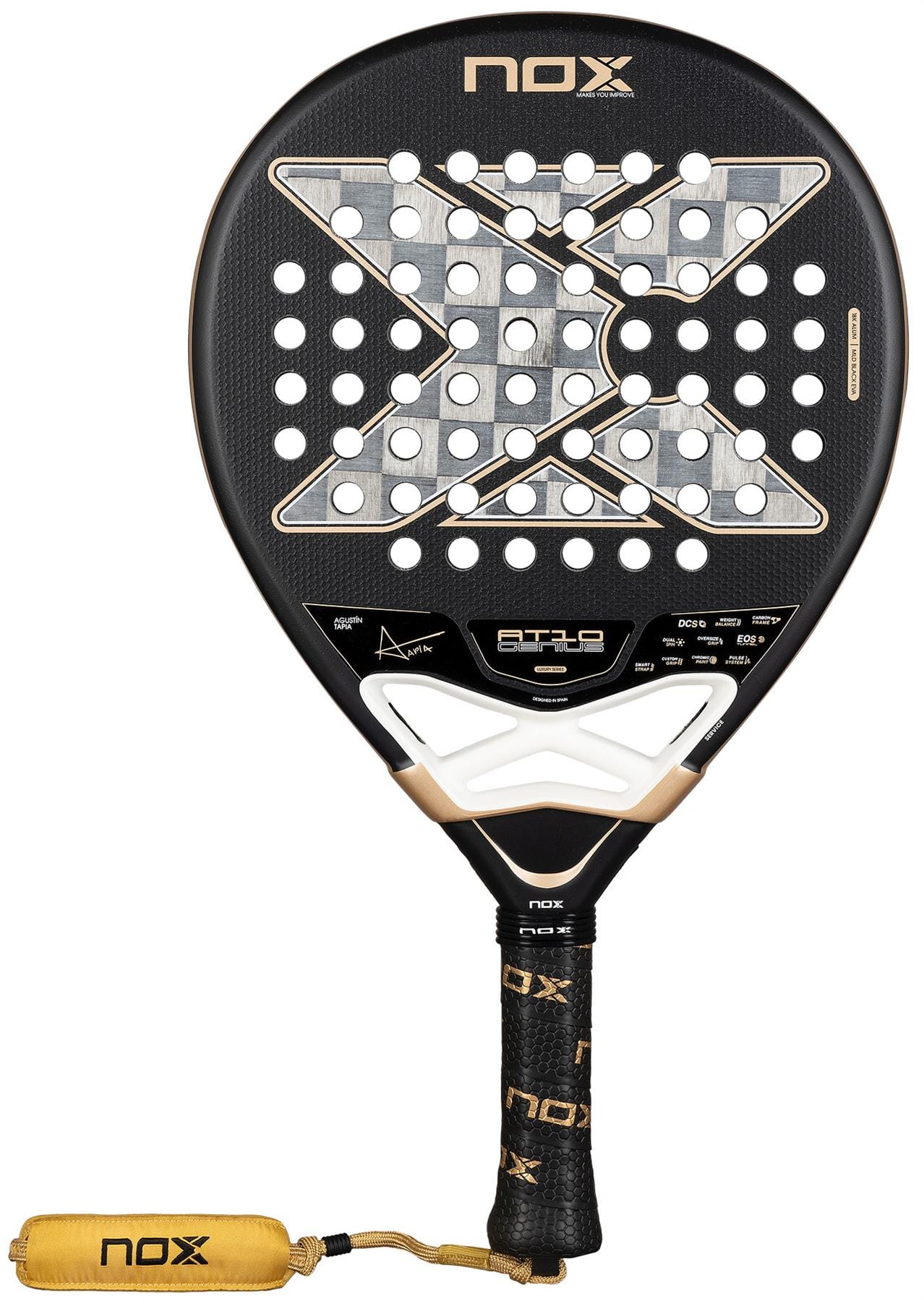 The NOX AT10 Genius 18K Alum By Agustín Tapia 2026 Padel Racket features a black design with gold and white accents, large X detail, circular holes, Dual Spin surface for control, plus a black handle with gold NOX logo and yellow wrist strap.
