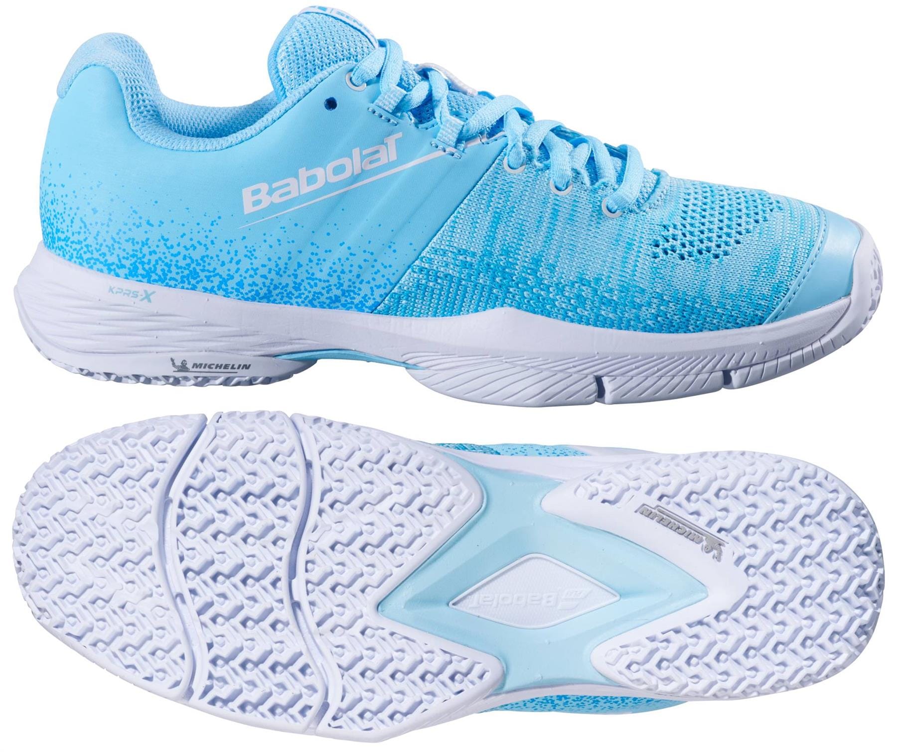 The Babolat Sensa Women’s Padel Shoes in Sky Blue/Tigerlily are shown, with one shoe displaying the side view and the other showing the textured white Michelin rubber sole. The mesh shoes feature laces and Babolat logos on both side and sole.