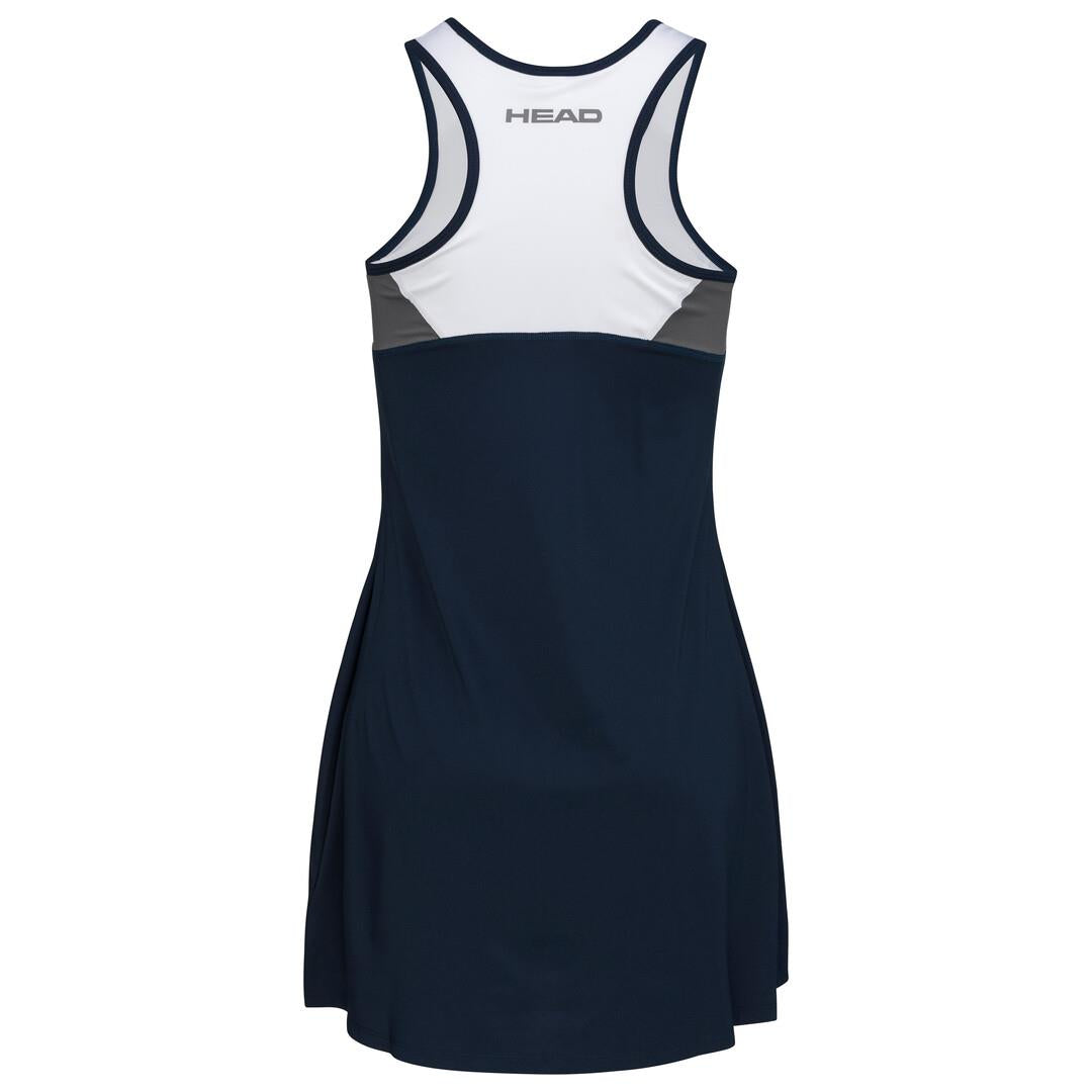 Introducing the HEAD Women's Club 22 Padel Dress in dark blue, featuring a sleeveless racerback design. Crafted with Moisture Transfer Microfibre for enhanced breathability, the upper back elegantly displays the "HEAD" branding.