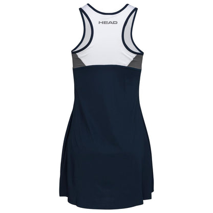 Introducing the HEAD Women's Club 22 Padel Dress in dark blue, featuring a sleeveless racerback design. Crafted with Moisture Transfer Microfibre for enhanced breathability, the upper back elegantly displays the "HEAD" branding.