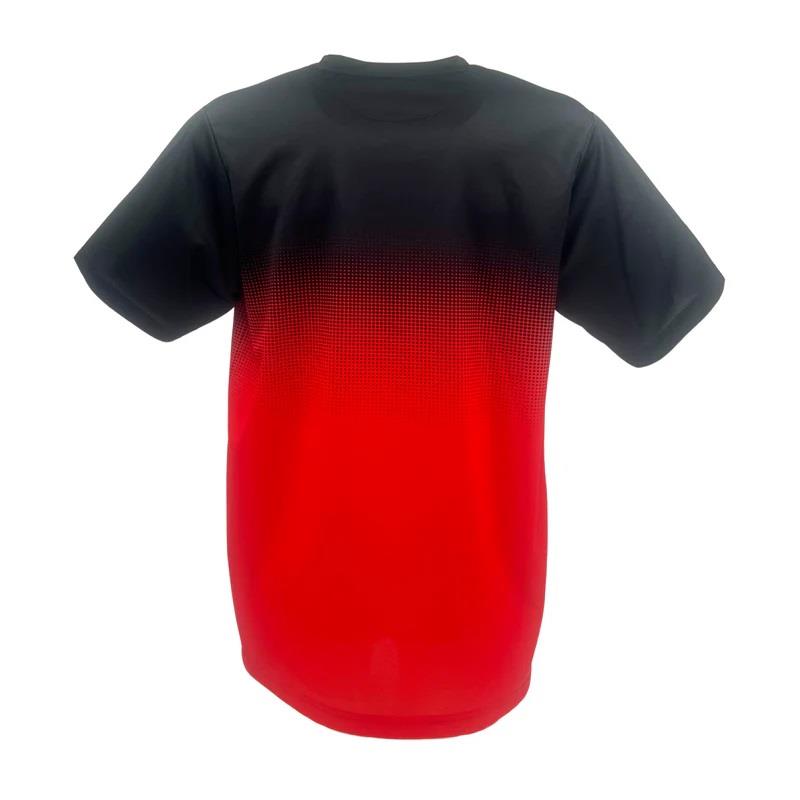 The Yonex YTM5 Men's Padel T-Shirt features a striking black-to-red gradient design, transitioning smoothly from top to bottom. Made with lightweight, moisture-wicking fabric, it ensures comfort and dryness. Displayed on a plain white background from the back view.