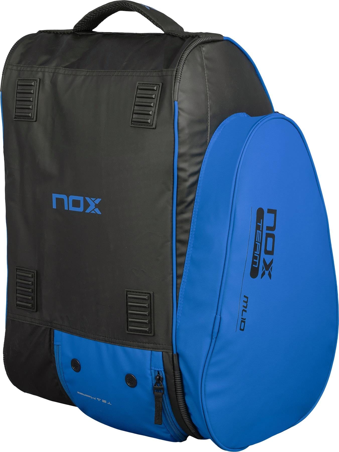 The NOX ML10 Team Padel Racket Bag in black and blue features a padded handle, zippered compartments, a side pocket marked "TEAM MULTI," and displays the NOX logo in blue and white on the front and side pocket.