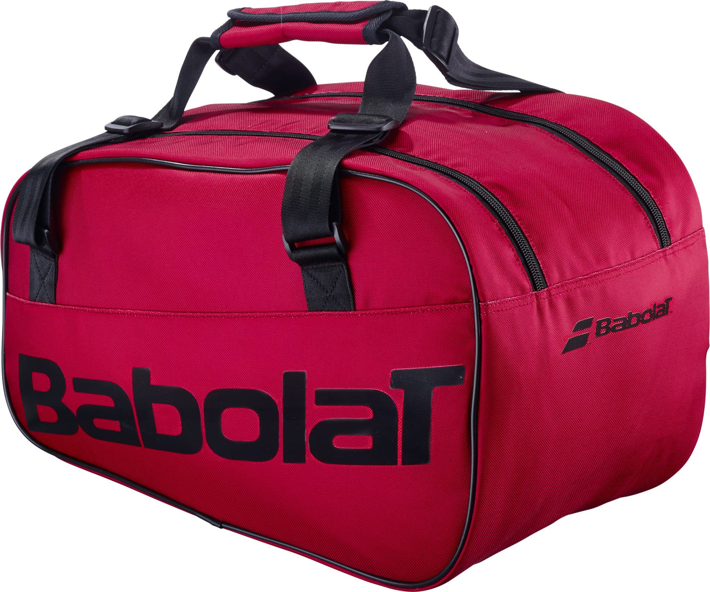 The Babolat Court S Padel Racket Bag - Burgundy features black handles, black zippers, and a black Babolat logo text on the side. This stylish bag offers two main compartments and a padded handle grip, making it an ideal choice for carrying all your essential padel equipment.