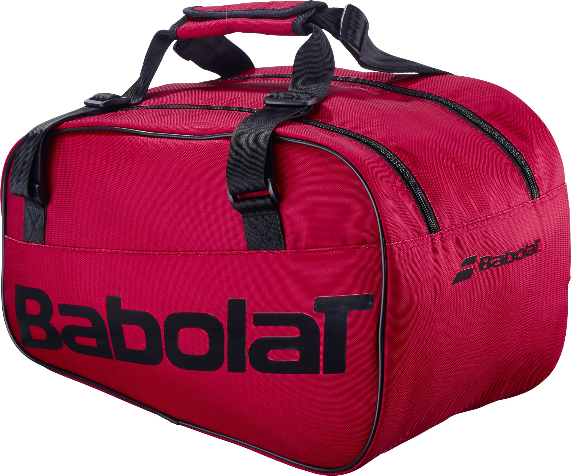 The Babolat Court S Padel Racket Bag - Burgundy features black handles, black zippers, and a black Babolat logo text on the side. This stylish bag offers two main compartments and a padded handle grip, making it an ideal choice for carrying all your essential padel equipment.