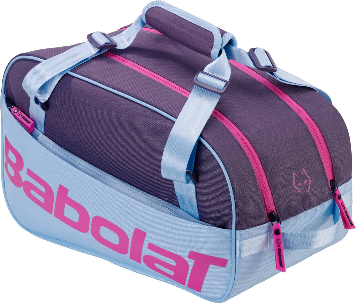 The Babolat Court S Juan Lebron Padel Racket Bag - Purple / Sky Blue by Babolat is made from recycled polyester, features pink zippers, a feline logo, and top carrying handles.