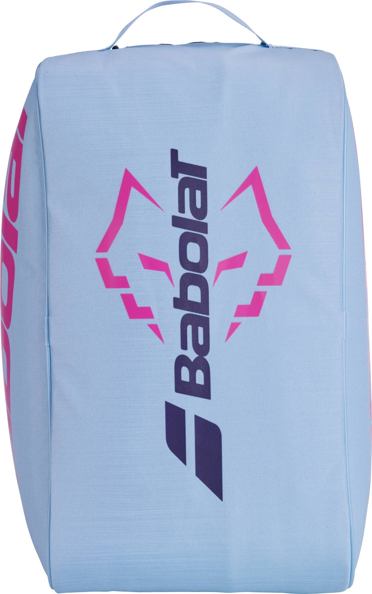 The Babolat Court S Juan Lebron Padel Racket Bag - Purple / Sky Blue is a rectangular recycled polyester bag featuring stylized eyes and a vertical Babolat logo in purple and pink accents.