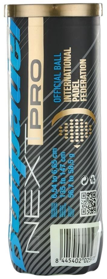 A Bullpadel NEXT Pro Padel Balls - 3 Ball Tube features blue, black, and gold branding, labeled as the official competition ball of the International Padel Federation, with a visible barcode and QR code.