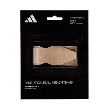 Introducing the ADIDAS Antishock Padel Racket Protector Tape in Transparent, featuring premium 3M adhesive. Ideal for padel, pickleball, and beach tennis. Comes in sleek black packaging with a triangular logo and bold white text to meet all your padel needs.