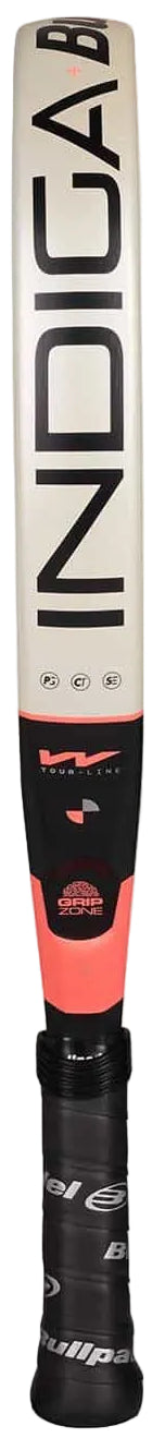 A cricket bat stands upright on a white background, showing "INDIGA" in bold black on its light blade and a black-and-red handle. Its design echoes the lightweight Bullpadel Indiga W 2026 padel racket for women by Bullpadel.